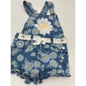 Girls Size 4 Denim Floral Overall Shorts Romper Daisy Print Ruffle Hem Cute